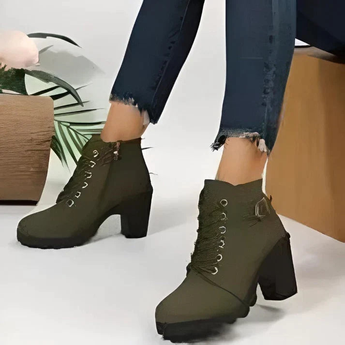 Women's Lace-Up Ankle Boots with Block Heel and Side Zip
