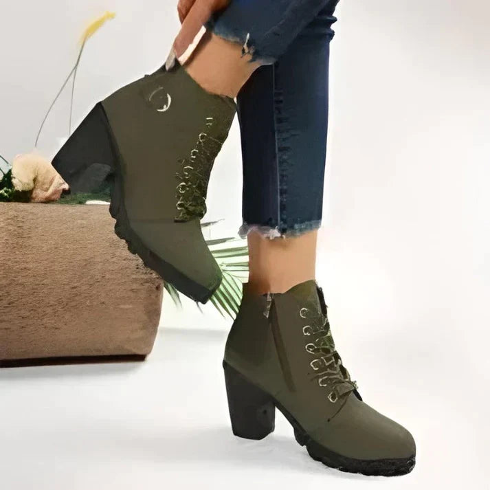 Women's Lace-Up Ankle Boots with Block Heel and Side Zip